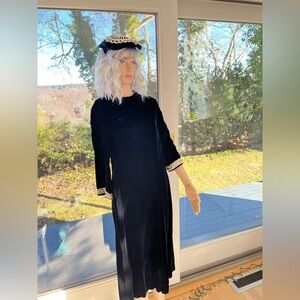 Vintage Black Long Sleeve Dress with White Accents